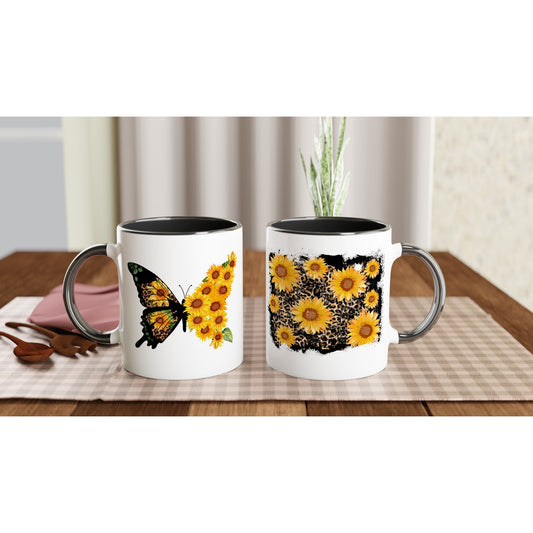 White 11oz Ceramic Mug, Sunflower Butterfly with Black Inside