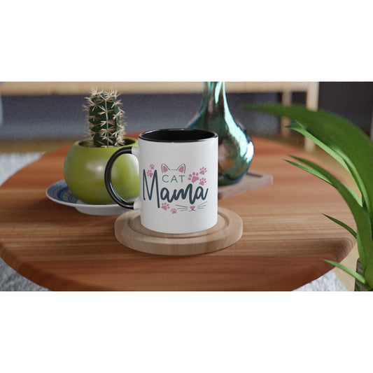 White 11oz Ceramic Mug, Cat Mama with Black Inside